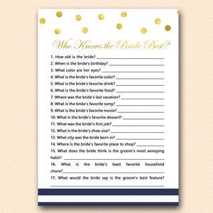 Navy Stripes and Gold Bridal Shower Games, Who knows the Bride Best Game Printable, Bridal Shower Game, Bridal Instant Download BS529N