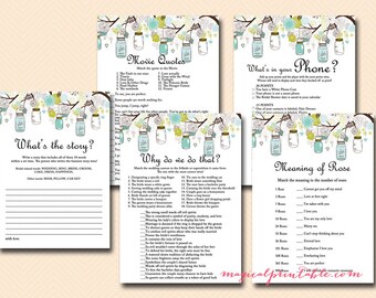 Mason Jars Bridal Shower Game printables, Instant download, Teal bridal shower game, Rustic Bridal Shower Games Package, Wedding Shower BS40