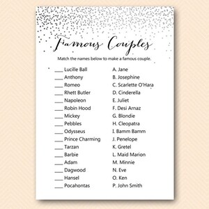 Silver Confetti Famous Couple Game, Famous couple quiz, Match the famous couple, Bridal Shower Game, Bridal Shower Games Download BS541B dd