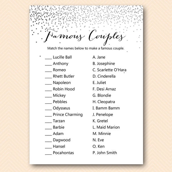 Match the Famous Couple Bridal Shower Game Etsy