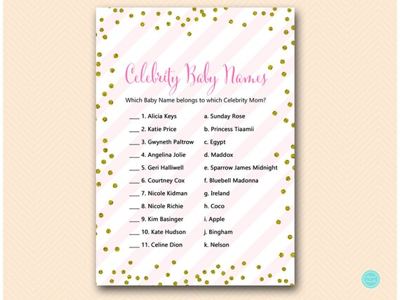 Pink and Gold Baby Shower Games, celebrity baby name game, Celebrity Baby Name, celebrity moms, Baby Shower Games, Baby Shower Games TLC477 Il_570xn