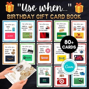 May include: A birthday gift card book with the text "Use when..." and "Birthday Gift Card Book." The book includes gift cards for various occasions, such as vacation, groceries, entertainment, and food delivery. The book contains over 80 cards.