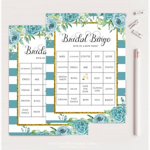 50 tarjetas de bingo de despedida de soltera precargadas, bingo de despedida de soltera, descarga instantánea, juego de despedida de soltera imprimible, bingo de flores de color verde azulado, bs588
