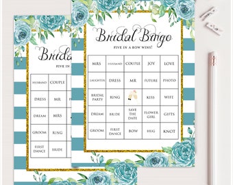 50 Prefilled Bridal Shower Bingo Cards, Bridal Shower Bingo, Instant Download, Printable Bridal Shower Game, Teal Flower bingo, bs588