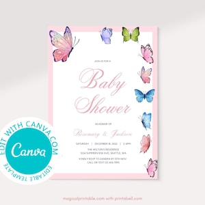 Editable Butterfly Baby Shower Invitation, Butterfly Birthday, Butterfly Invitation, Pink Butterfly, Bridal Shower, Birthday tlc737 canva