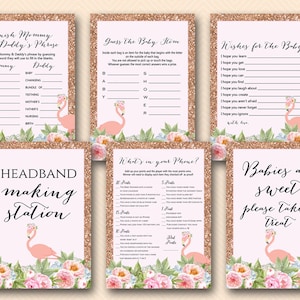 Rose Gold Flamingo Baby Shower Games Package, Instant Download, Wishes for Baby, Headband station, babies are sweet, diaper raffle tlc544 image 1