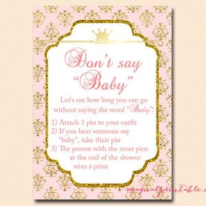 Don&#39;t say baby, diaper pin game, clothespin game, Princess Baby Shower Games Printable, Girl Baby Shower, Pink and Gold TLC110