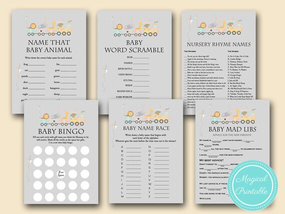 Gender Neutral Baby Shower Games, Animal Baby shower, Safari baby shower game, choo train baby shower game, circus animal baby shower TLC54 Il_570xn