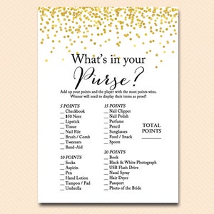 what&#39;s in your purse, purse game, bridal shower purse game, Gold Confetti Bridal Shower, Bachelorette, Wedding Shower BS46
