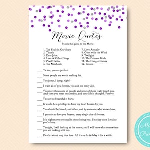 Purple Silver Movie Quote Game, Bridal Shower Movie Game, Printable Bridal Shower Game, Match the Movie Quote Game, Movie Quiz BS426 dd