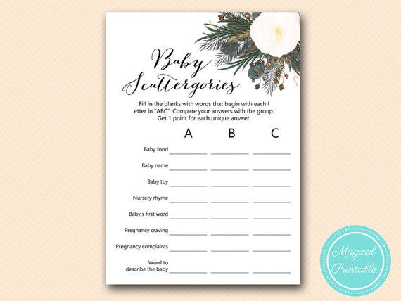 Scattergories, Baby Shower Scattergories Game Printable, White Flower Baby Shower Game ...