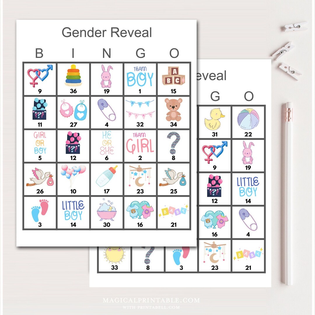 100x Gender Reveal Bingo Cards, Printable Baby Shower Bingo, Gender ...