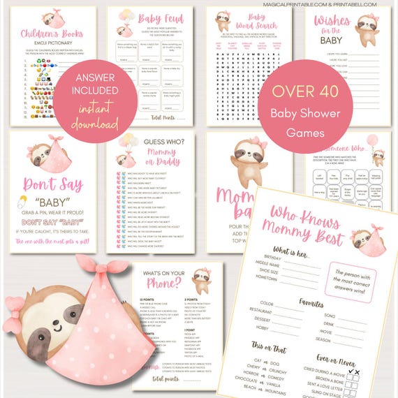 Pink Sloth Baby Shower Games Package, Girl Sloth Baby Shower