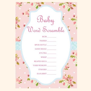 Scramble, baby word scramble, baby shower scramble game, unscramble, pink, Chic Baby Shower Games Printables, Rose Baby Shower TLC43