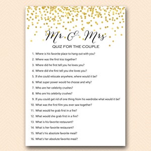 Gold Confetti Mr and Mrs Quiz, Who knows the Bride and Groom Best Game Printable, Bridal Shower Game, Bridal Shower Download BS472B BS46