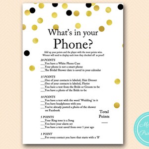 what&#39;s in your phone, cell phone game, phone game, cell, Modern, Black, Gold Confetti, Bridal Shower Game Printables, Wedding Shower BS56