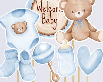 Druckbare blaue Teddybär-Mittelstück, junge Baby-Dusche-Mittelstück, blaue Teddybär-Ausschnitte, junge Teddy-Baby-Dusche-Dekorationen TLC709