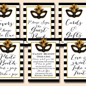 Gold Masquerade Party Table Signs, Masquerade Decoration Signs, Mask Party Table Sign, Masquerade Favors, mimosa bar sign BS621