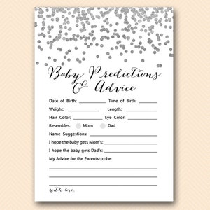 Prédictions et conseils argentés pour bébé imprimables, Prédictions pour bébé, Prédictions pour bébé, Jeux de baby shower, Activités de baby shower TLC149