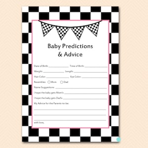 Prédictions et conseils pour bébé, Prédictions pour bébé, Jeu de baby shower de course pour fille, Course à carreaux, Modèles de baby shower de course automobile TLC113p
