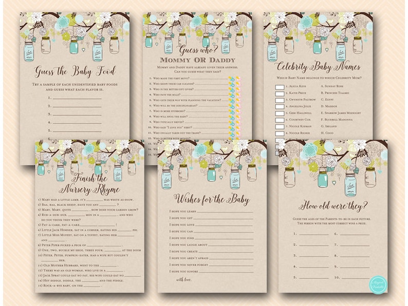 Teal Mason Jar Baby Shower Games Package Instant Etsy