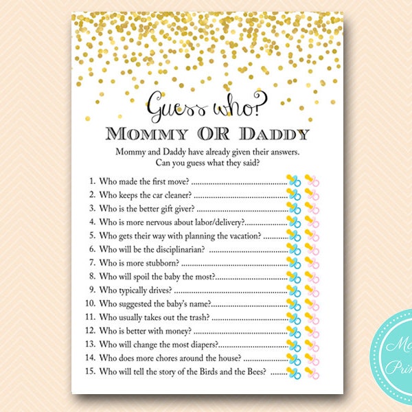 Gold Sprinkle Mommy or Daddy Game, Guess who baby shower game, Coed Baby Shower Games, Who knows Mommy and Daddy Best TLC148