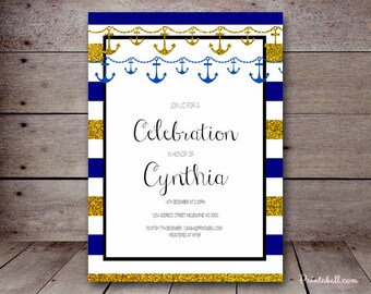 DIY 5x7" Gold Nautical Baby Shower Invitation, Nautical Bridal Shower Invitation, Baby Shower Invitation, Bridal Shower Invite TLC167 BS167