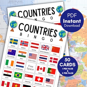 May include: Two sheets of "Countries Bingo" cards with country flags and the game title. A blue circle with "PDF Instant Download" text is on the right. The cards include 50 cards, with 1 or 2 per page.