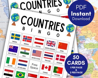 Countries Bingo Cards, Printable World Flag bingo, Geography Game, Activity, Around the World Game, bs701 RK