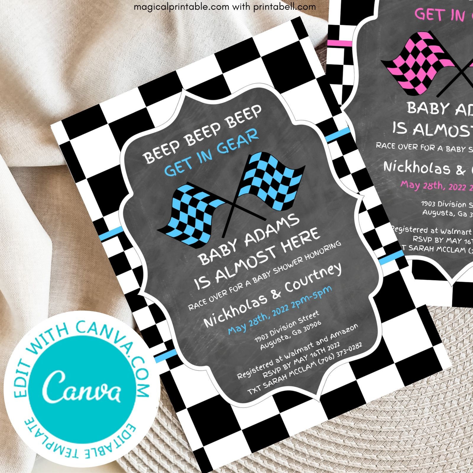 Editable Racing Baby Shower Invitation, Pink Racing Car Invitation, Blue Racing Party Invitation, Baby Shower Invitation TLC113p BS525 BP113