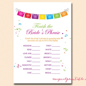 Finish bride's phrase game, Fiesta Bridal Shower Game, Luau Bridal Shower Games, Bachelorette, Wedding Shower Games BS136 image 1