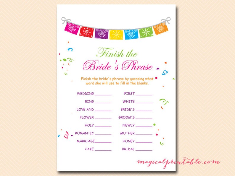 Finish bride's phrase game, Fiesta Bridal Shower Game, Luau Bridal Shower Games, Bachelorette, Wedding Shower Games BS136 image 1