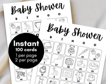 100x Baby Bingo Printable, Printable Baby Shower bingo, Baby Shower Prize game, fun baby bingo, black and white, baby shower bingo bs701