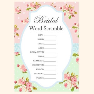Scramble, Bridal word scramble, unscramble, floral, mint, rose, shabby rose Bridal Shower Game Printables, Wedding Shower Games BS52