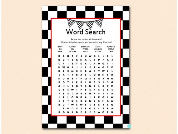 Word Search, Racing Baby Shower Game, Checkered Racing, Car Racing Baby Shower Templates TLC113