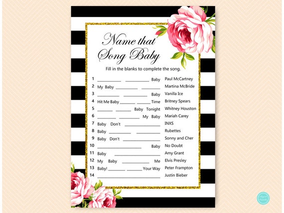 Black Stripes Name That Baby Song Black And Gold Baby Shower Game Pink And Gold Baby Shower Games Activity Floral Baby Shower Tlc04 By Magical Printable Catch My Party