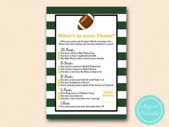 Football what's in your phone, cellphone game, Football Baby Shower Game, Boy Baby Shower Games, Baby Shower Activities TLC409 Il_570xn