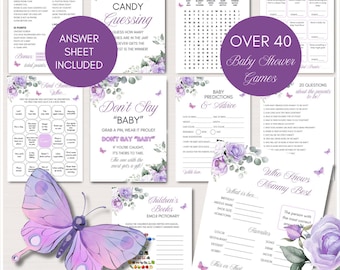May include: A collection of baby shower games with a purple floral theme. The set includes games like "Candy Guessing," "Don't Say Baby," and "Who Knows Mommy Best?" The design features butterflies and the text "Over 40 Baby Shower Games."