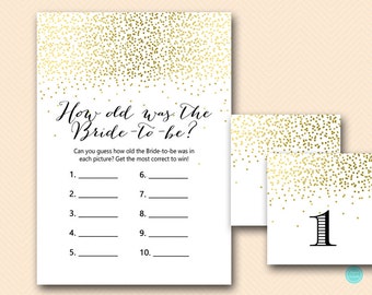 Gold Bridal Shower Games, How old was the bride, Guess the age of bride, Bridal Shower Game, Bridal Shower Games Instant Download BS472B dd