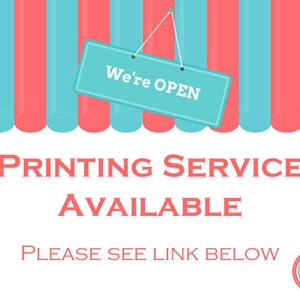 May include: A turquoise and red striped awning with a sign that reads "We're OPEN". The text below the awning reads "PRINTING SERVICE AVAILABLE PLEASE SEE LINK BELOW".