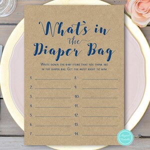 Whats in the Diaper Bag Game Printable, Woodland Baby Shower Game, Navy ...