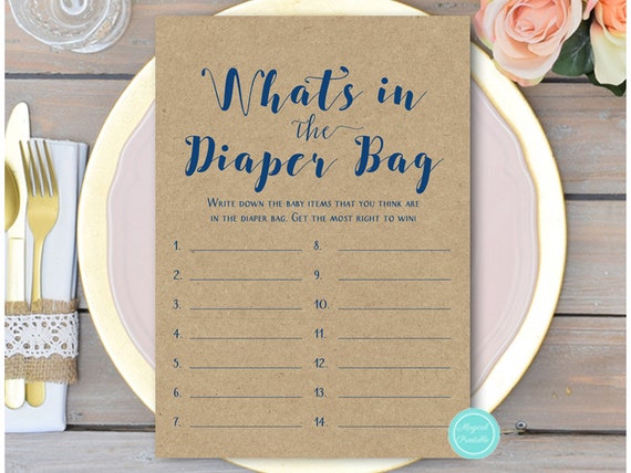 Whats In The Diaper Bag Game Printable Woodland Baby Shower Game Navy Whats In The Diaper Bag Game Printable Woodland Baby Shower Game Navy