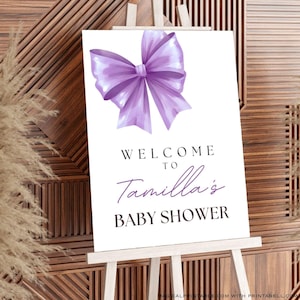 Editable Purple Bow Welcome Sign, Blue Bow, Pink Bow, Coquette, Bow Baby Shower Sign, Large Bow Sign, Coquette Sign, Ciao Baby, TLC823 canva