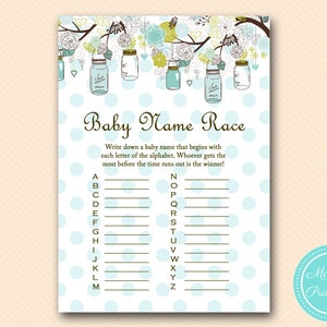 Baby name race, abc name race game, Rustic, Mason Jars Baby Shower Games Printables, Neutral, Rustic Baby Shower Games TLC16