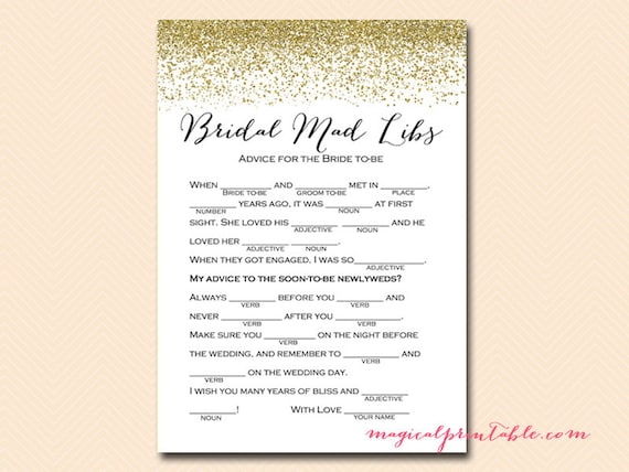 Bridal Advice card, Bridal mad libs, bridal shower printable game, Gold Glitter Bridal Shower, Confetti, Bachelorette, Wedding Shower BS88