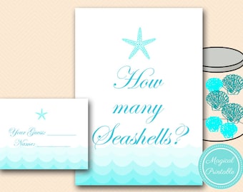 May include: A printable game card with a blue and white seashell design. The card says "How many seashells?" and has a space for a guess and name. The card is part of a game where guests guess the number of seashells in a jar.