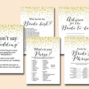 Gold Confetti Bridal Shower Game Set, Modern Bridal Shower Game Printable, Bachelorette Games, Wedding Shower Games, Metallic Gold Game BS46
