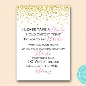 Don't say Bride, Take a ring game, don't say a word game, pin game, Gold Confetti Bridal Shower, Bachelorette, Wedding Shower BS46 image 1