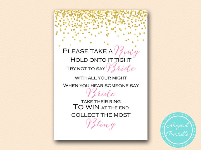 Don't say Bride, Take a ring game, don't say a word game, pin game, Gold Confetti Bridal Shower, Bachelorette, Wedding Shower BS46 image 1