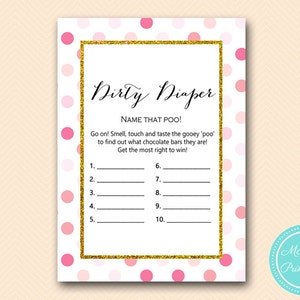 Dirty Diaper, Name that Poo, Chocolate Bar Game, Guess the Sweet Mess, Pink and Gold, Girl Baby Shower, Pink Dots Baby Shower Game TLC430P image 1